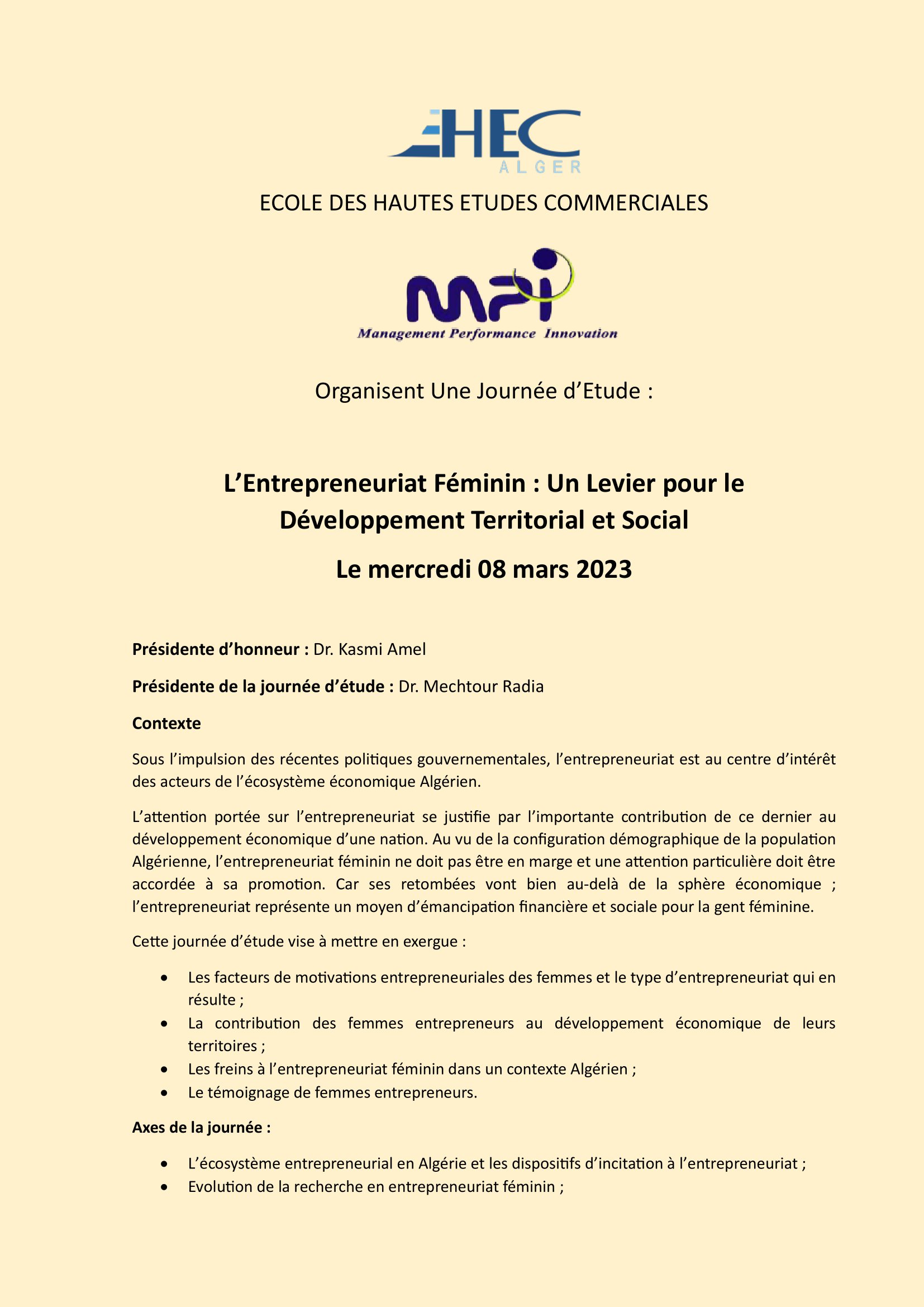Une Journée d’Etude : L’Entrepreneuriat Féminin : Un Levier pour le Développement Territorial et Social Le mercredi 08 mars 2023