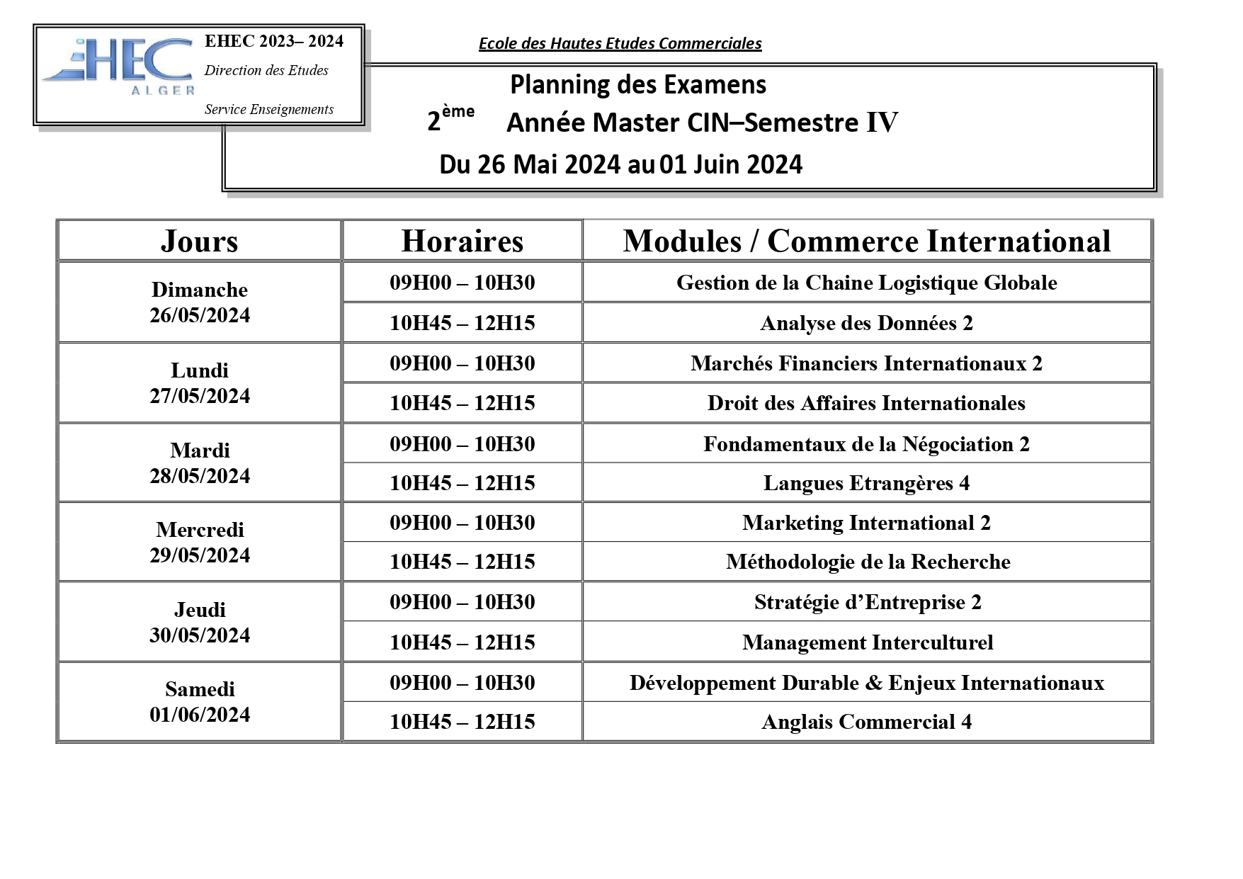 Examination Schedule for 2nd Year Specialization in International Commerce S4 (2023-2024)