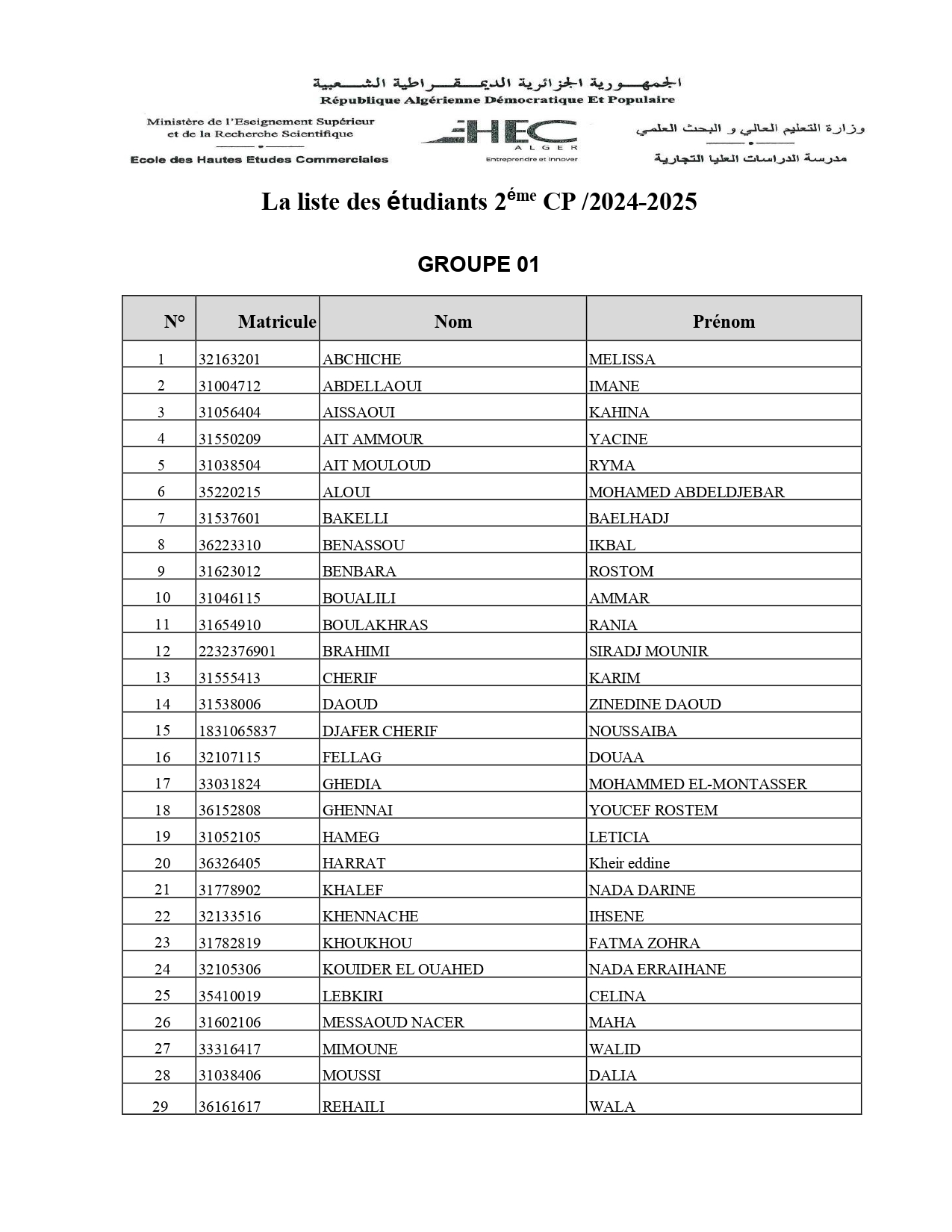 La liste des étudiants 2éme année CP 2024-2025