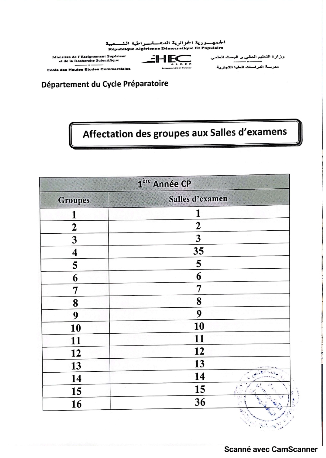 Distribution des étudiants du département préparatoire aux salle pour les examens du deuxième semestre