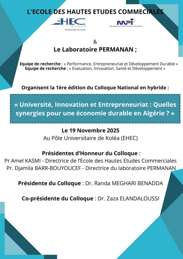 Appel à communication université, Innovation et Entrepreneuriat : Quelles synergies pour une économie durable en Algérie ?