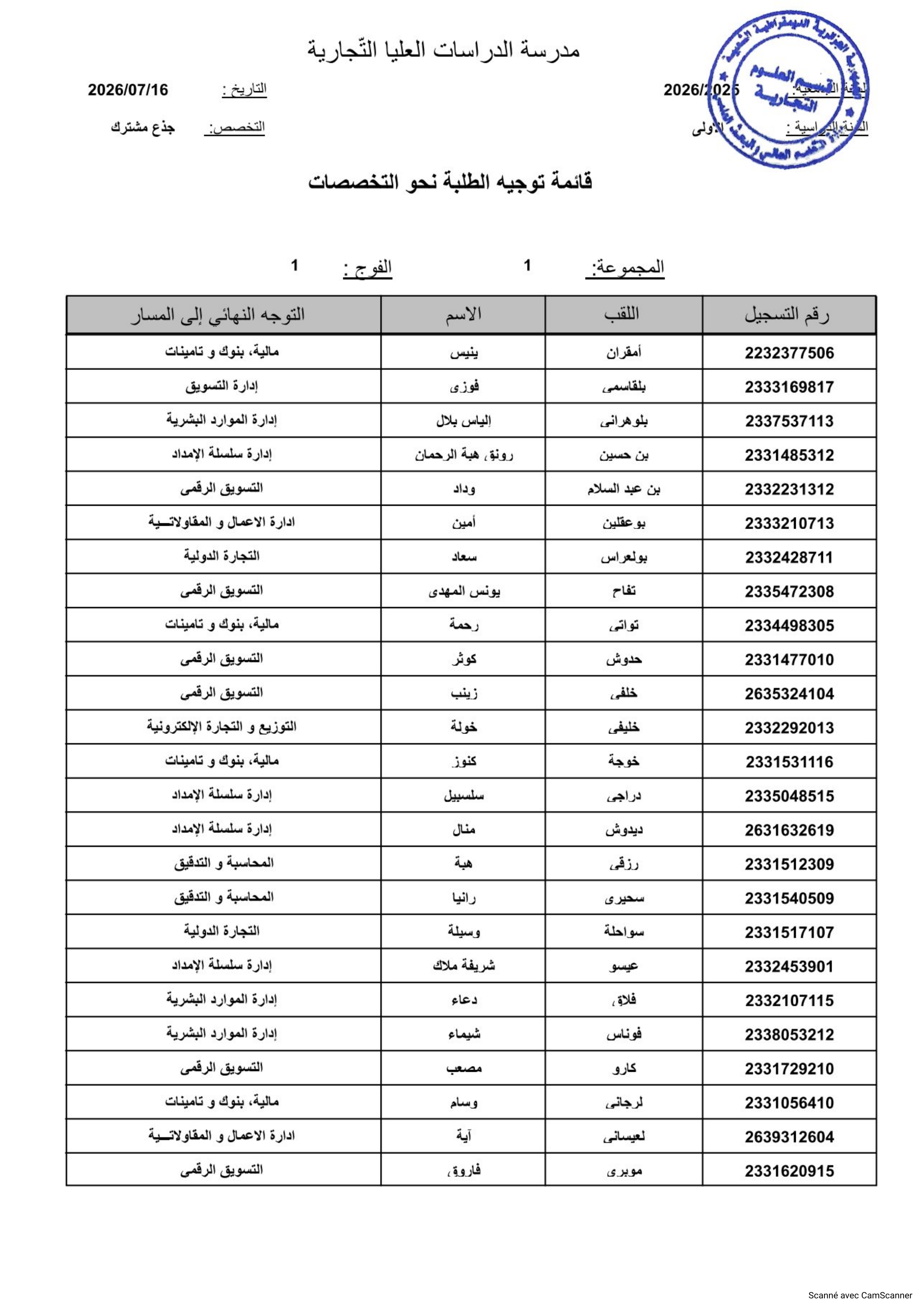 نتائج توجيه الطلبة من الجذع المشترك إلى التخصصات.