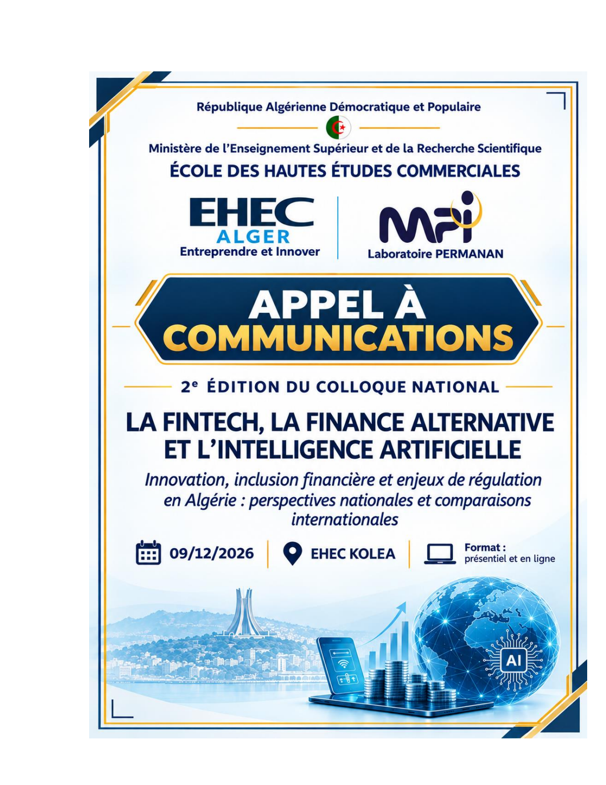دعوة للمشاركة بمداخلات علمية الطبعة الثانية للملتقى الوطني التكنولوجيا المالية، والتمويل البديل، والذكاء الاصطناعي